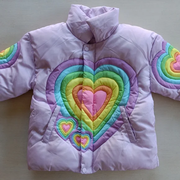 Lola + The Boys Rainbow Pastel Heart Puffer Jacket / Size 8 - Picture 3 of 17